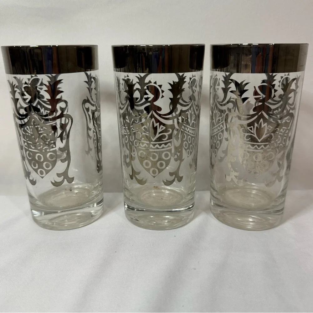 Kimiko Silver Knight Shield Coat of Arms MCM Highball Glasses, Vintage, Set of 3